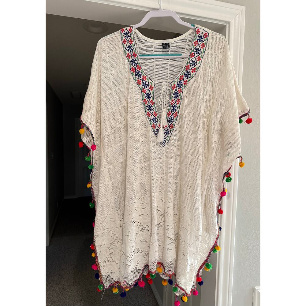 Zury Women's White Tassel Embroidered Swim Coverup Boho Beach Dress OS